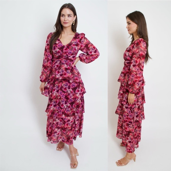 $1080 MIKAEL AGHAL Floral Maxi Dress Fucsia Color Size 6 NWT - Picture 5 of 15